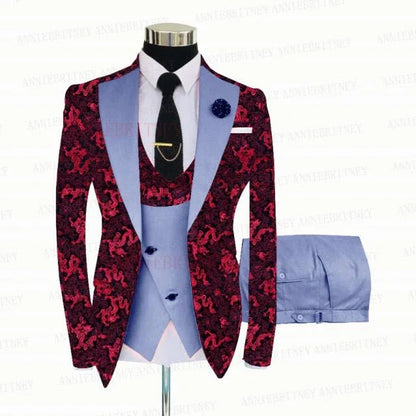 Red Floral Print Men's Suit 3 Pieces Slim fit Suit Jacket - B&R African Styles
