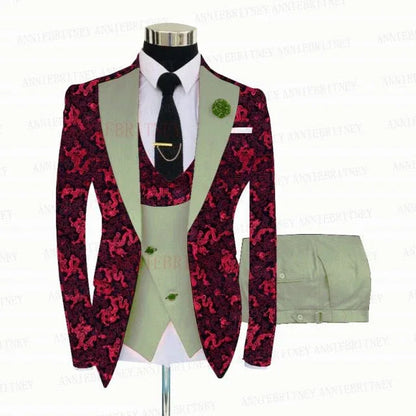 Red Floral Print Men's Suit 3 Pieces Slim fit Suit Jacket - B&R African Styles