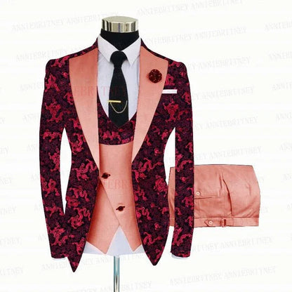 Red Floral Print Men's Suit 3 Pieces Slim fit Suit Jacket - B&R African Styles