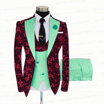 Red Floral Print Men's Suit 3 Pieces Slim fit Suit Jacket - B&R African Styles