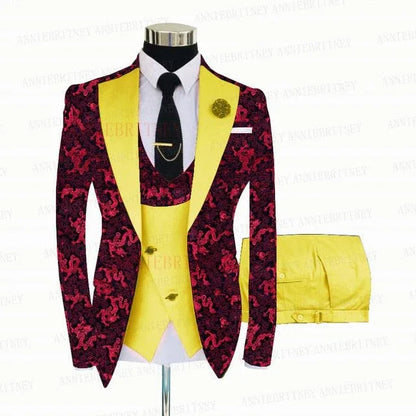 Red Floral Print Men's Suit 3 Pieces Slim fit Suit Jacket - B&R African Styles