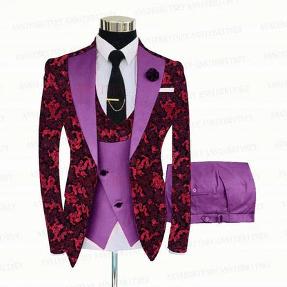 Red Floral Print Men's Suit 3 Pieces Slim fit Suit Jacket - B&R African Styles