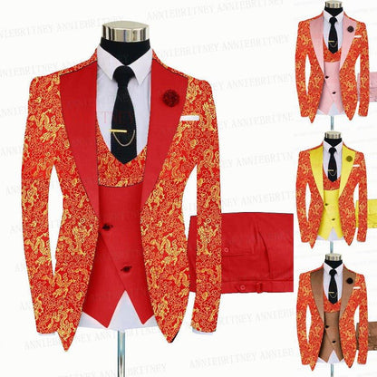 YELLOW FLORAL SLIM SUIT FOR MEN 3 PIECES BLAZER JACKET - B&R African Styles