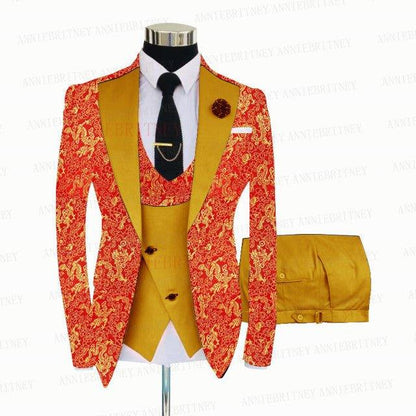 YELLOW FLORAL SLIM SUIT FOR MEN 3 PIECES BLAZER JACKET - B&R African Styles