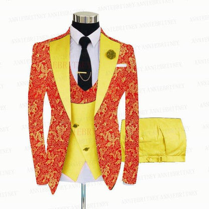 YELLOW FLORAL SLIM SUIT FOR MEN 3 PIECES BLAZER JACKET - B&R African Styles
