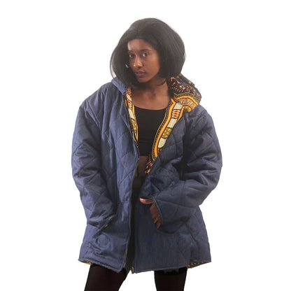Traditional Dashiki Hoodie - Unisex Black/Yellow Reversible Denim Jacket - B&R African Styles
