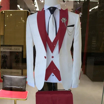 WEDDING / SPECIAL OCCASIONS WHITE SLIM SUIT FOR MEN 3 PIECES BLAZER JACKET - B&R African Styles
