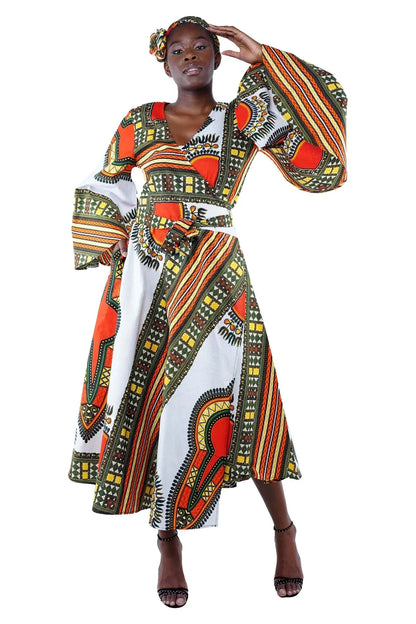 Dashiki Wrap Dress - Traditional African Print Dress with Head Wrap - B&R African Styles